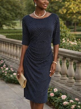dressbarn Navy Polka Dot Midi Sheath Dress